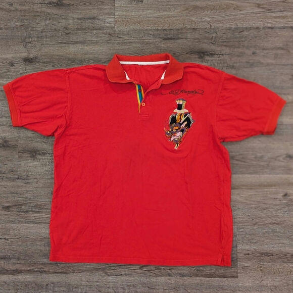 vintage Y2K Ed Hardy by Christian Audigan Red Embroidered Polo Men's XXL - Picture 1 of 10